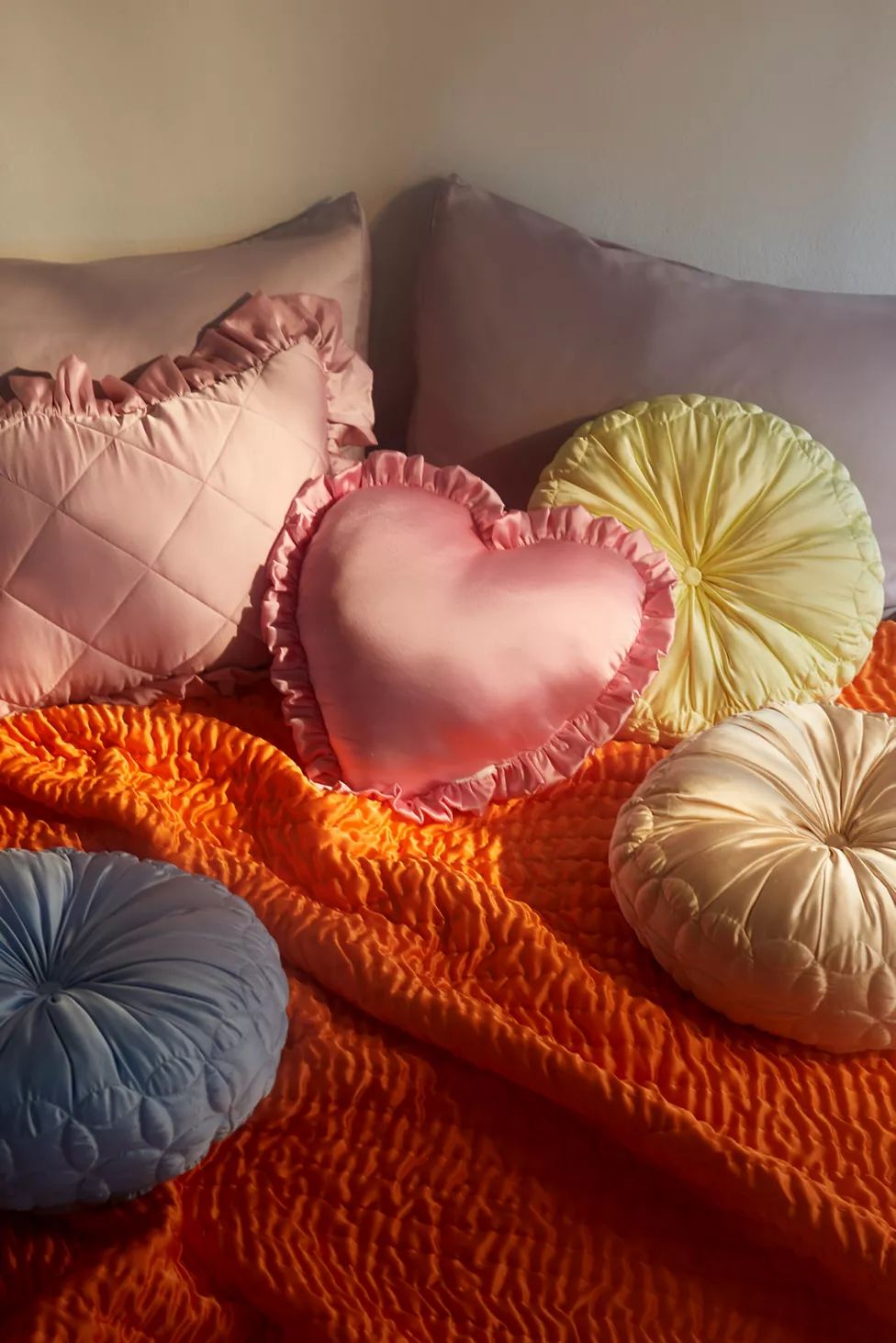 Silky Satin Heart Ruffle Throw Pillow | Urban Outfitters (US and RoW)