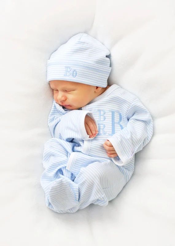 Baby boy coming home outfit,  baby gift, Monogrammed footie, Monogrammed sleeper, blue wide strip... | Etsy (US)