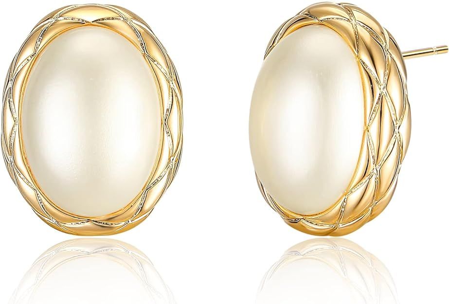 14K Gold Pearl Earrings for Women - Large Pearl Earrings Stud Hypoallergenic - Round White Handpi... | Amazon (US)