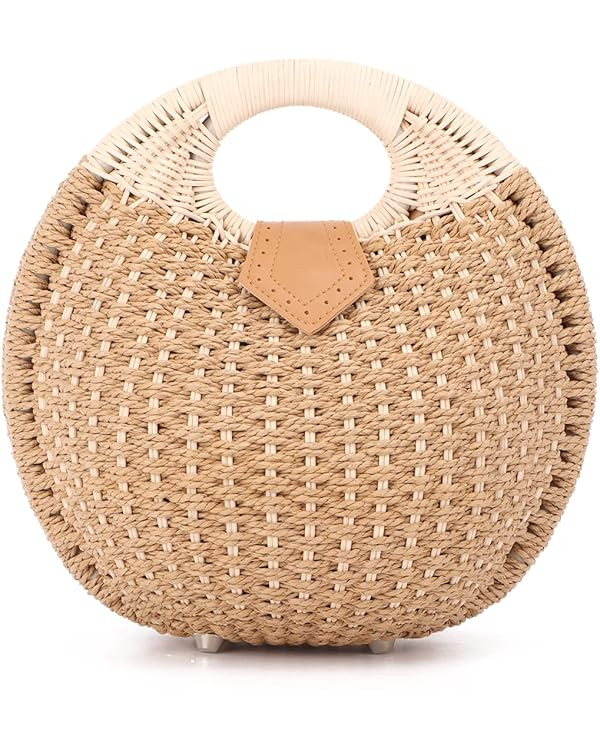 Ynport Straw Purses for Women Summer Beach Rattan Tote Bag Round Handle Ring Handbag Retro Handma... | Amazon (US)