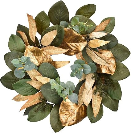 Cloris Art Christmas Wreath, Artificial Eucalyptus & Magnolia Leaves 22 Inch Green & Gold Front D... | Amazon (US)
