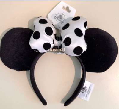 BNWT Disney Minnie Mouse Polka Dot Black and White Satin Bow Ears Headband | eBay | eBay US