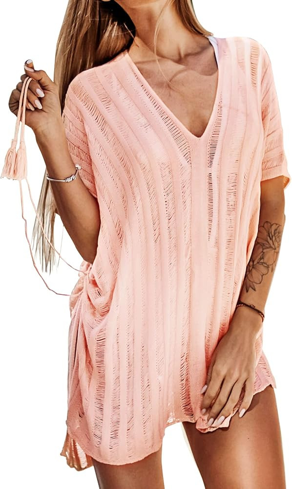 CUPSHE Women's Knit Stripe V Neck Crochet Short Sleeve Tie Side Cover Up | Amazon (US)