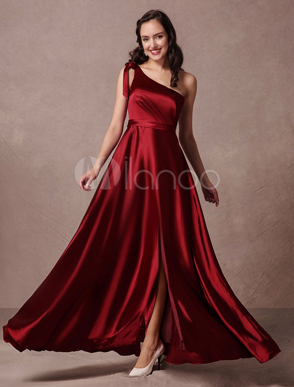 Satin Evening Dress Burgundy One Shoulder A Line Floor Length Split Party Dress | Milanoo