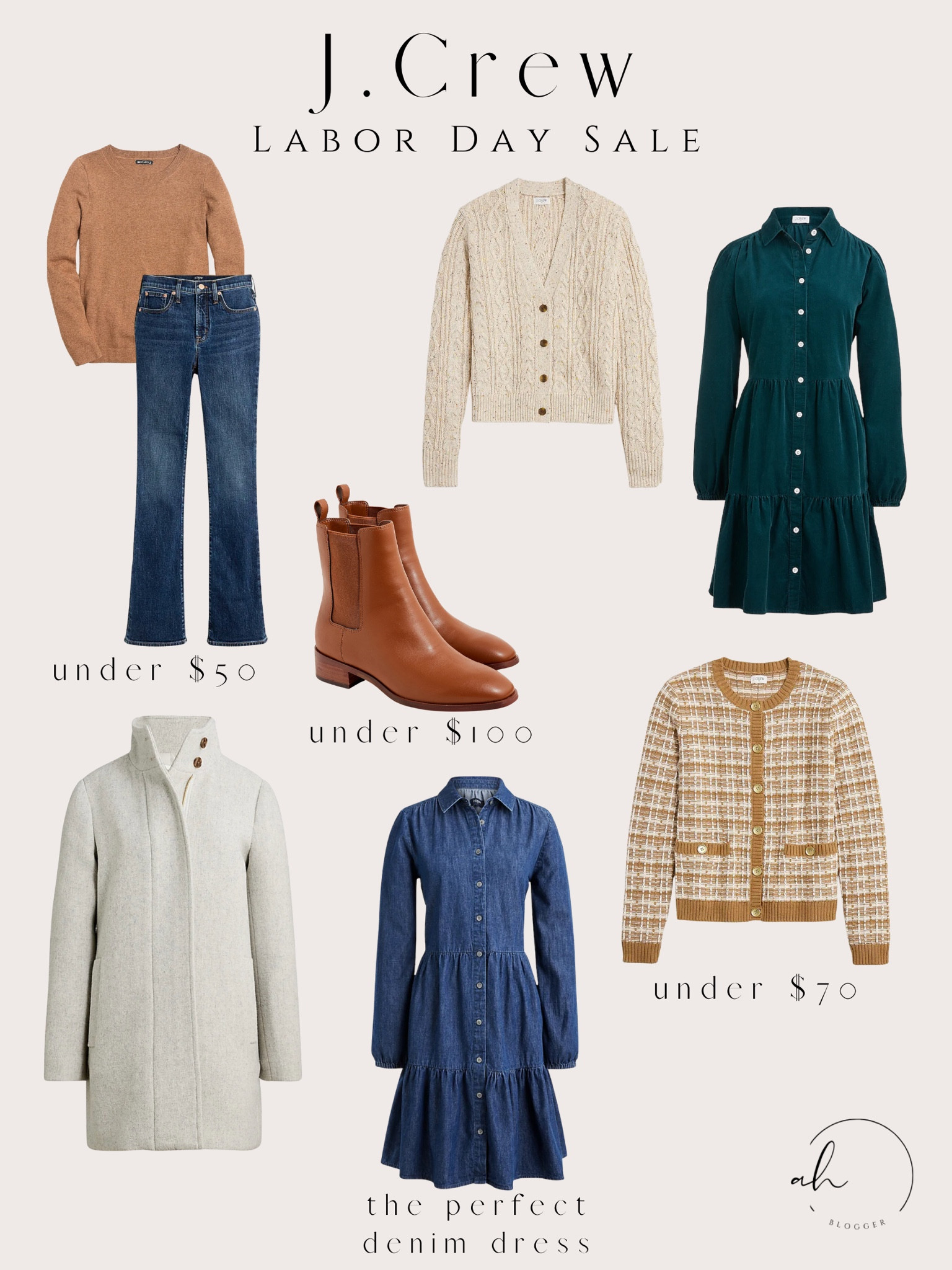 J. Crew fall staples. Cardigans, denim dress, corduroy dress, jeans, winter coat, cognac booties. Labor Day sale

#LTKSeasonal #LTKSale #LTKworkwear