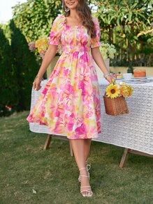 SHEIN VCAY Allover Floral Print Frill Trim Flounce Sleeve A-line Dress SKU: sw2211148203738708(55... | SHEIN