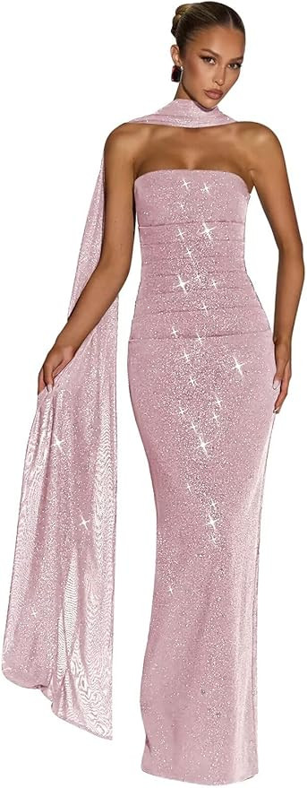 Mermaid Sequin Prom Dresses for Women 2026 Strapless Sparkly Formal Evening Gowns with Scarf | Amazon (US)