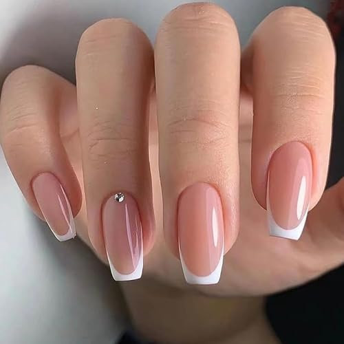 Square Fake Nails French Tip Press on Nails Nude Pink False Nails Press on Glossy Nature Acrylic Nails Medium Full Cover Stick on Nail for Women Manicure Art 24Pcs | Amazon (US)