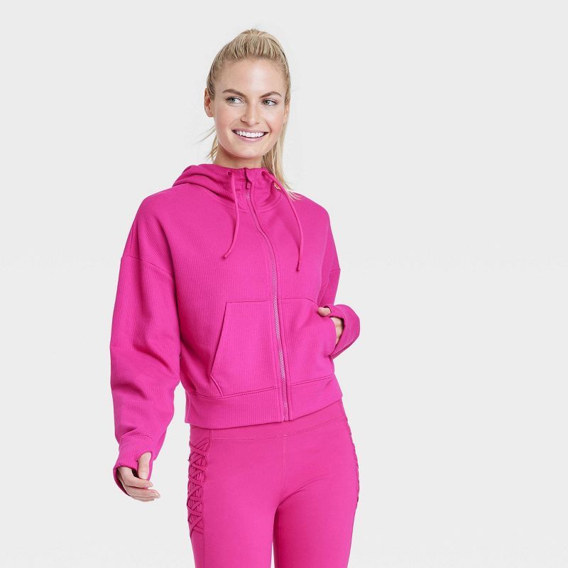 Women's Ribbed Fleece Cropped Hooded Sweatshirt - All in Motion™ | Target