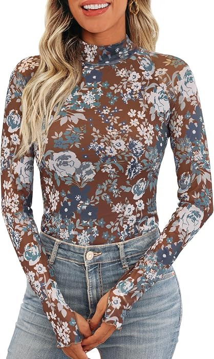 Womens Lace Sheer Floral Mesh Mock Neck Tops | Amazon (US)