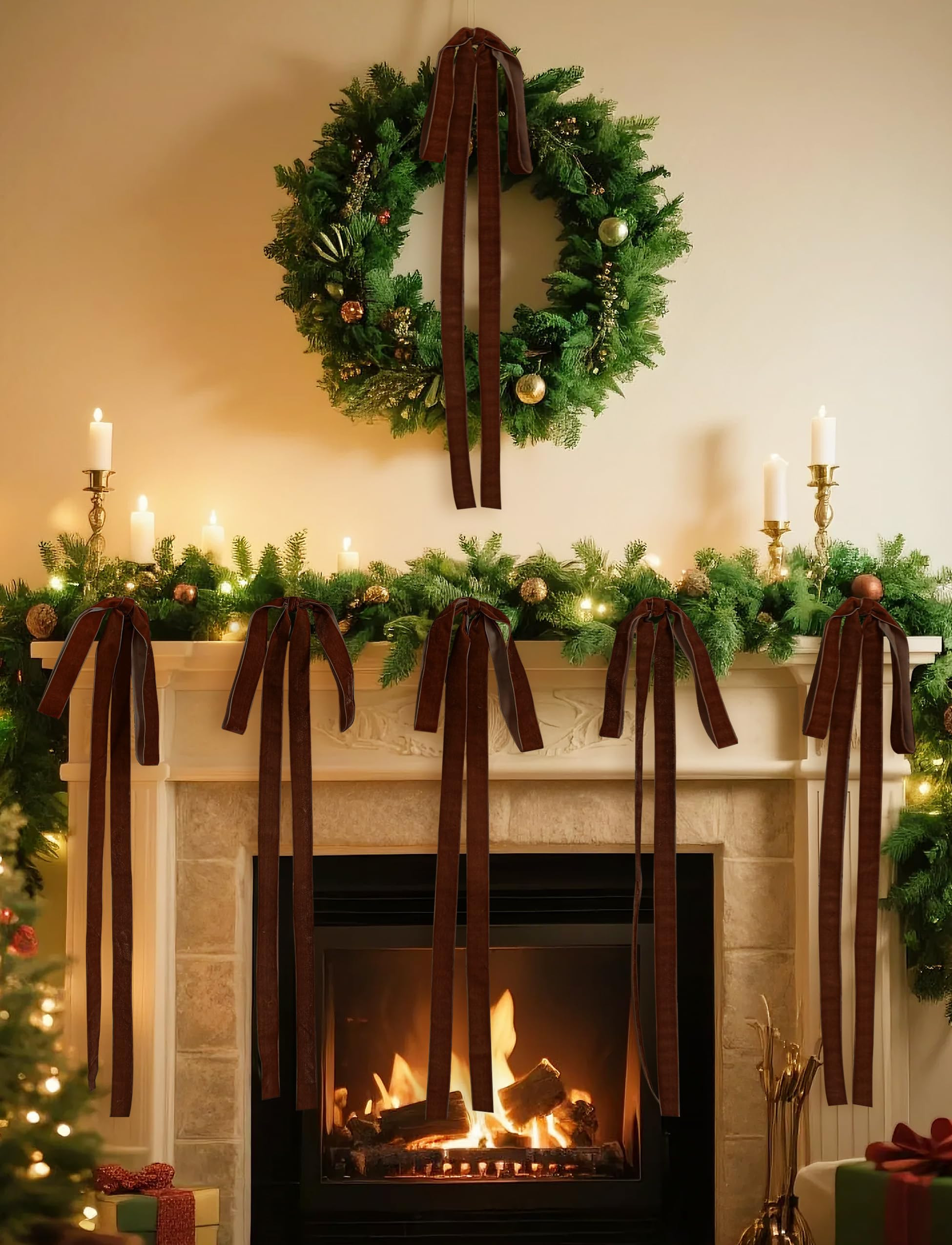 SIMISI RIBBON Brown Long Velvet Bows Ornaments for Christmas Tree, Wreath, Garland, Swag, Stairca... | Amazon (US)
