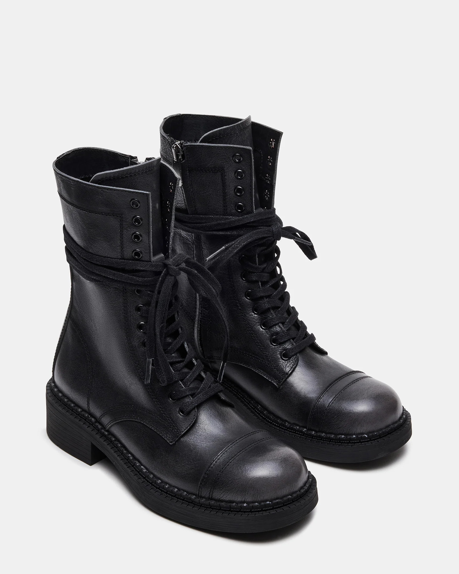 CRIMSON Black Distressed Moto Combat Women's Ankle Booties | Steve Madden (US)