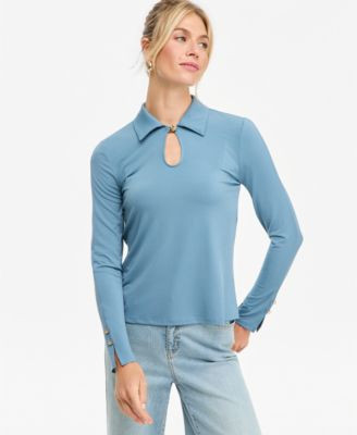 I.n.c. International Concepts Women's Long-Sleeve Collared Keyhole Blouse, Macy's Exclusive - Deep Black | Macy's