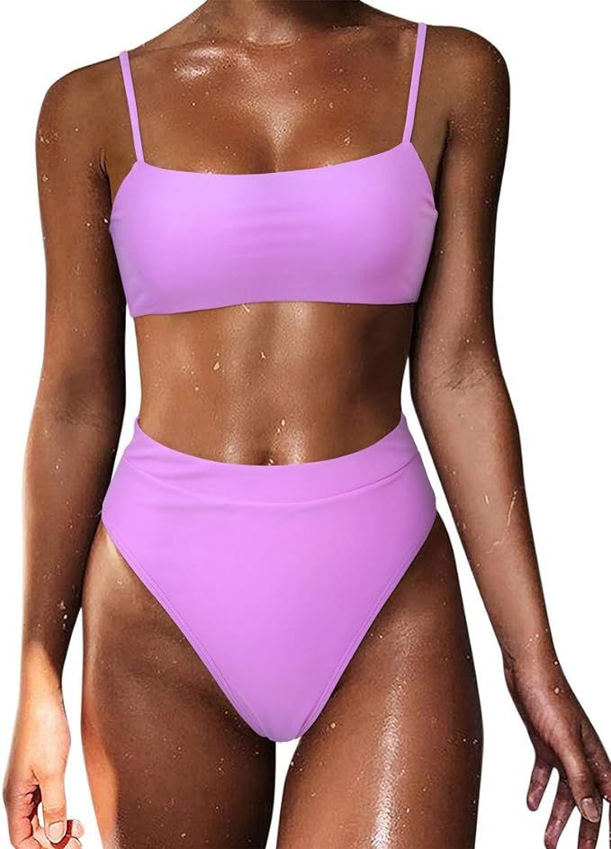 MOSHENGQI Women High Wasited Bikini Shoulder Strap 2 Piece High Cut String Swimsuits | Amazon (US)