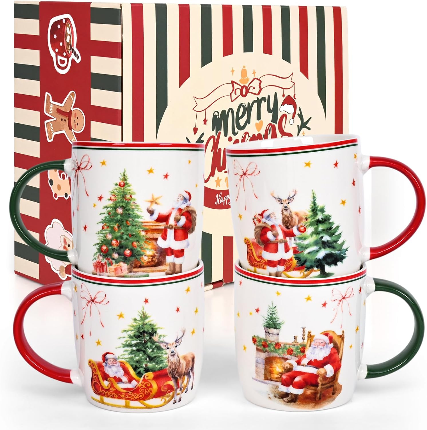 Gingprous Set of 4 Christmas Coffee Mugs Set, 11 Oz Ceramic Christmas Mug, Santa Christmas Tree H... | Walmart (US)