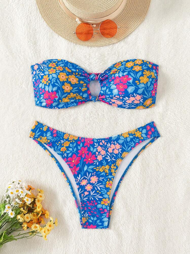 SHEIN Swim Women Summer Beach Random Flower Print Hollow Out Bandeau Bikini Set | SHEIN