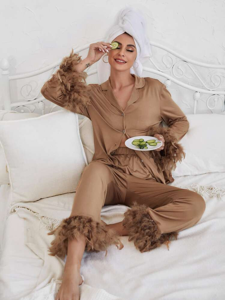 Solid Button Front Blouse & Fuzzy Trim Pants PJ Set / Pajama Set | SHEIN USA | SHEIN