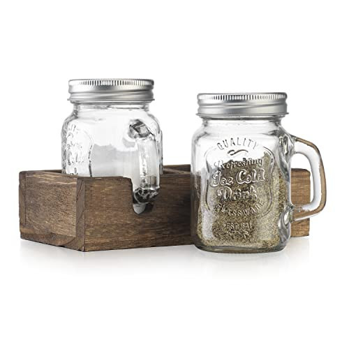 MosJos Mason Jar Salt and Pepper Shakers - Vintage Glass Condiment Dispenser Set with Wooden Holder Caddy - Farmhouse Kitchen Decor, Easy Refill 5-ounce Capacity with Stainless Steel Lids | Amazon (US)
