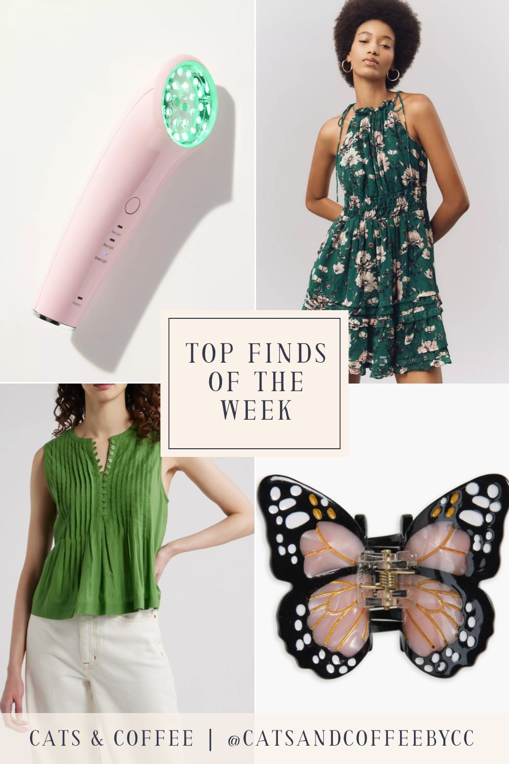 Four Top Finds of the Week: a pretty summer top from Nordstrom (currently on sale!), the facial light therapy wand I've been loving (20% off with code "fireworks"), a rich green floral sundress from Anthropologie for date nights or brunches all season, and a sweet butterfly hair clip to add to any ensemble! 

 #LTKSaleAlert #LTKPetite #LTKBeauty