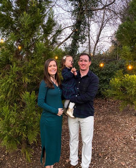 Holiday family photos outfits matching. Green midi dress. Flannel button down. Toddler matching. Daddy and me matching. Father daughter matching. Maternity dress. Bump friendly dress. Christmas card. 

#LTKHoliday #LTKfamily #LTKbump