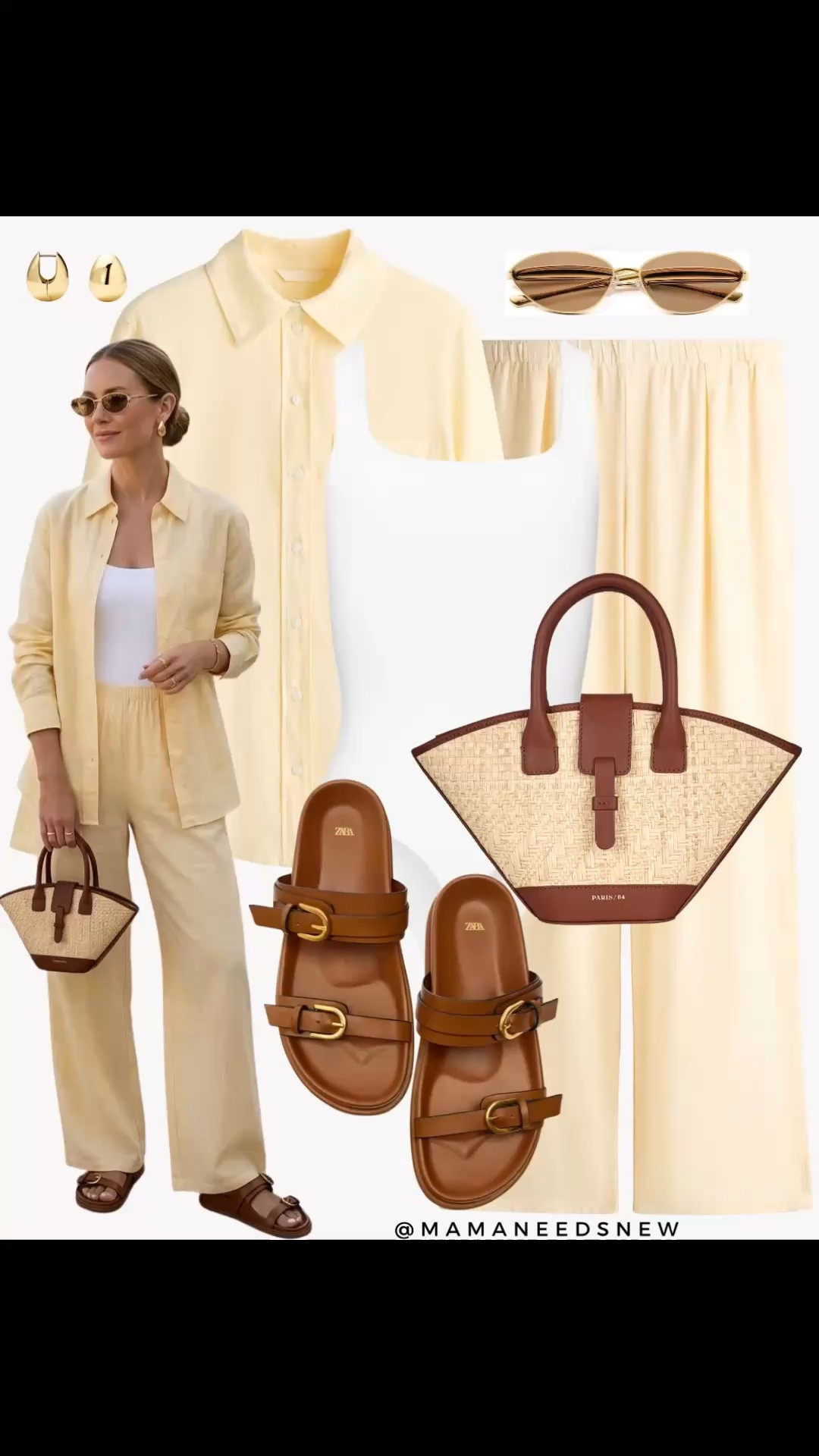 A spring to summer / vacation outfit with a linen blend matching shirt and pants set, bodysuit, foot bed slide sandals, small tote bag 💛

#LTKSeasonal #LTKSaleAlert #LTKootd