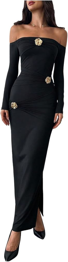 GORGLITTER Women's Flower Off The Shoulder Bodycon Maxi Dress Long Sleeve Ruched Dresses Wedding ... | Amazon (US)