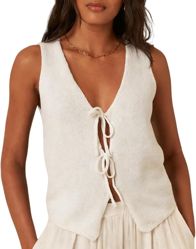Women Sleeveless Knit Vest Top V Neck Open Front Tie Up Crochet Crop Top Casual Vintage Y2k Sweat... | Amazon (US)