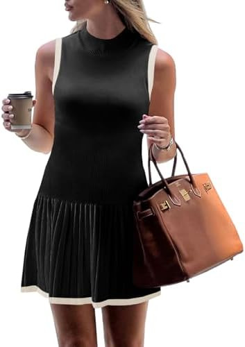 Wenrine Womens Sleeveless Summer Mini Dress Mock Neck Ribbed Knit Ruffle Pleated Casual Tank Dres... | Amazon (US)