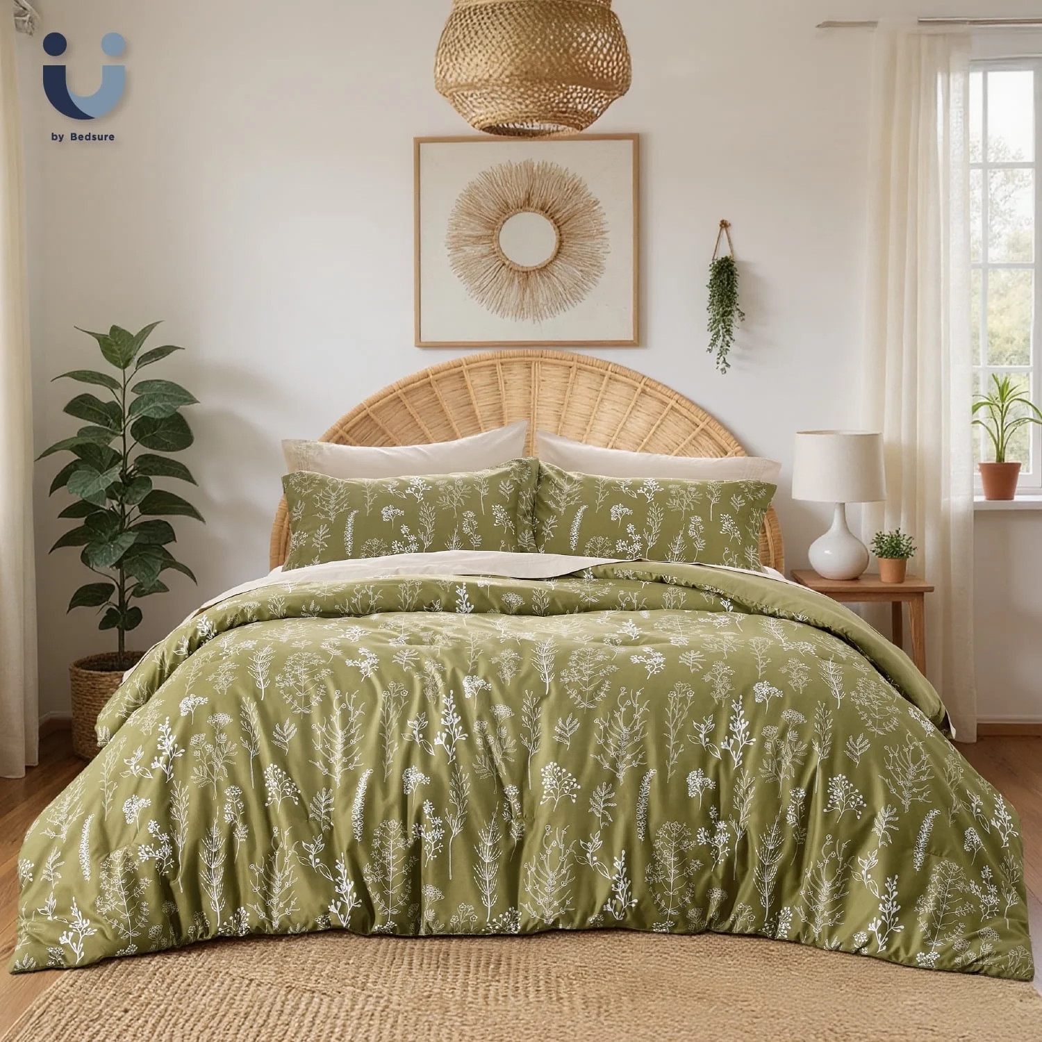 King Comforter Sets, 3 Pieces Olive Green Bedding Sets, Reversible Flowers Botanical Bed in a Bag... | Walmart (US)