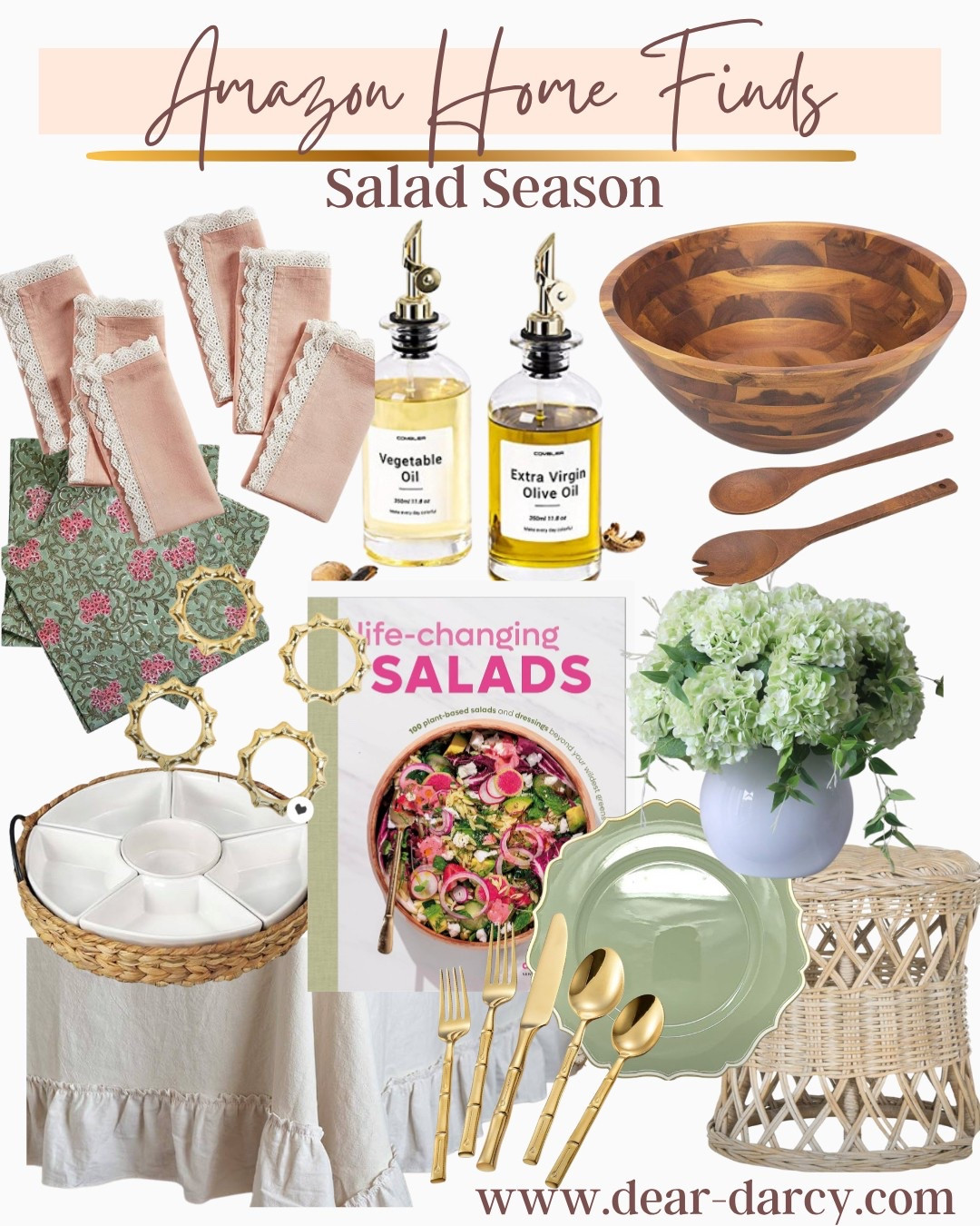 It’s salad season 🥗

Amazon finds perfect for summer salads season 
Dining outside and also makes for great gifts 

-Wood salads bowl set 
-Napkins 
-napkin rings
-Oil & vinegar bottles 
-Bamboo divider server 
-Hydrangea Silk plant 


-green glass plates 
-salad cook book
-pretty tablecloth with ruffle
Wicker stool 
Gold silverware 


#LTKGiftGuide #LTKHome #LTKSummerEdit