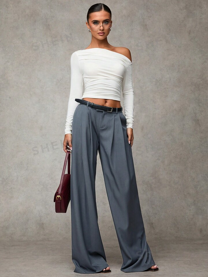 SHEIN BAE Women's Gray Versatile Everyday Outing Sexy Simple Low Waist Pocket Wide Leg Pants,Offi... | SHEIN