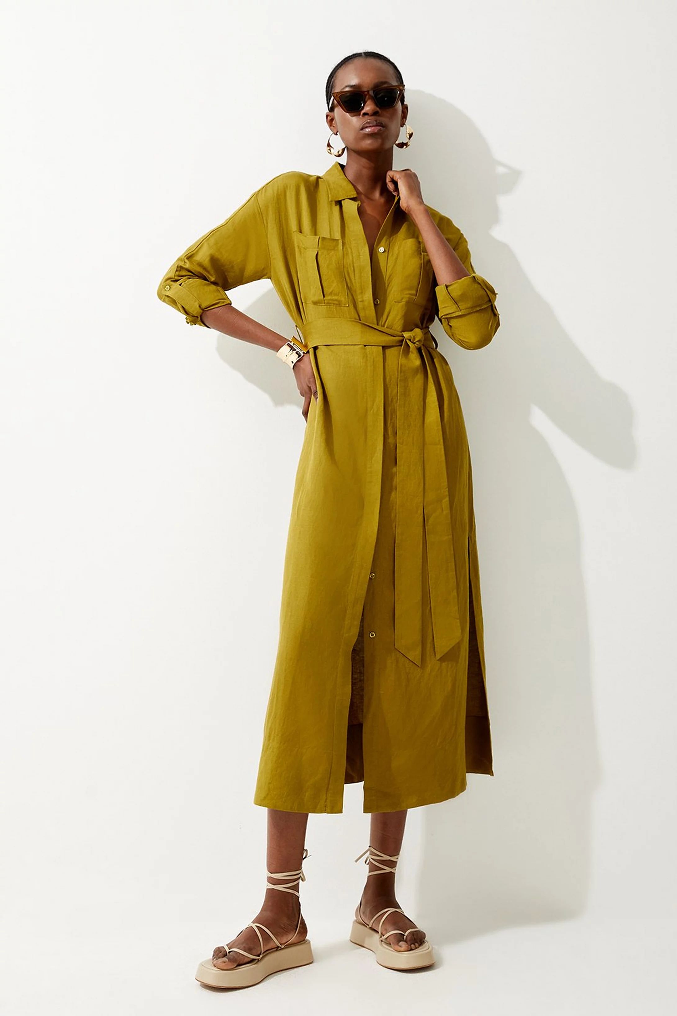 Viscose Linen Belted Maxi Shirt Dress | Karen Millen US