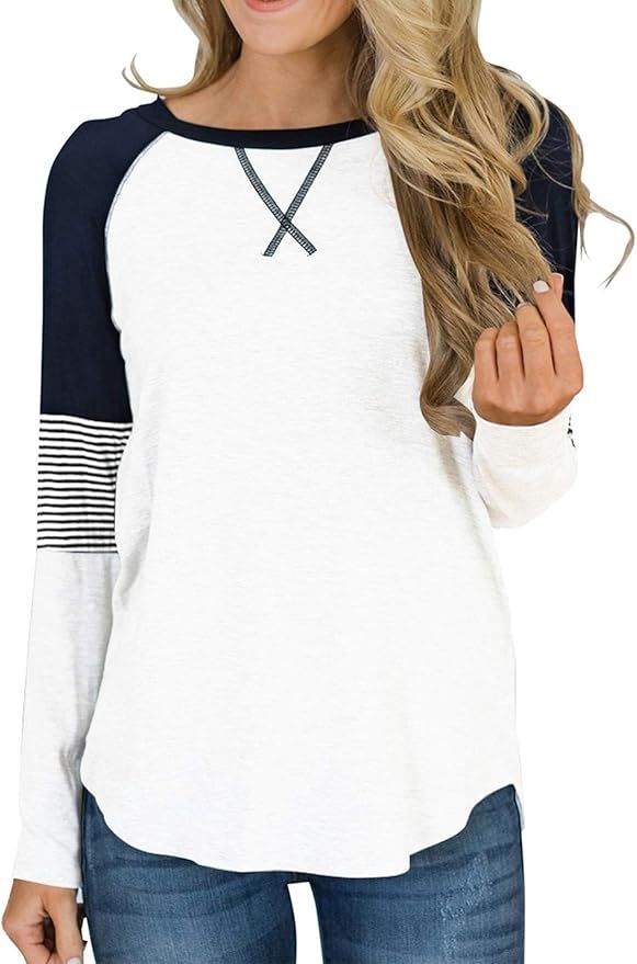 Hilltichu Womens Color Block Round Neck Tunic Tops Casual Long Sleeve Shirt Blouse | Amazon (US)