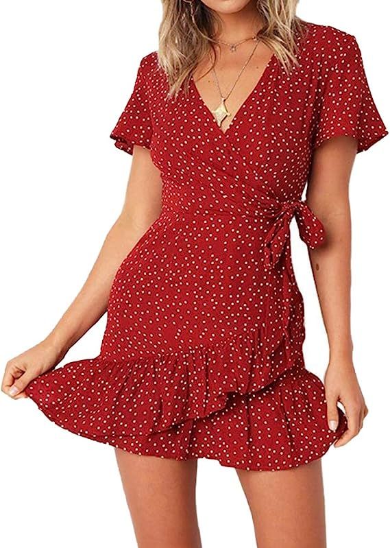 Naggoo Women's Summer Wrap V Neck Polka Dot Print Ruffle Short Sleeve Mini Floral Dress with Belt | Amazon (US)