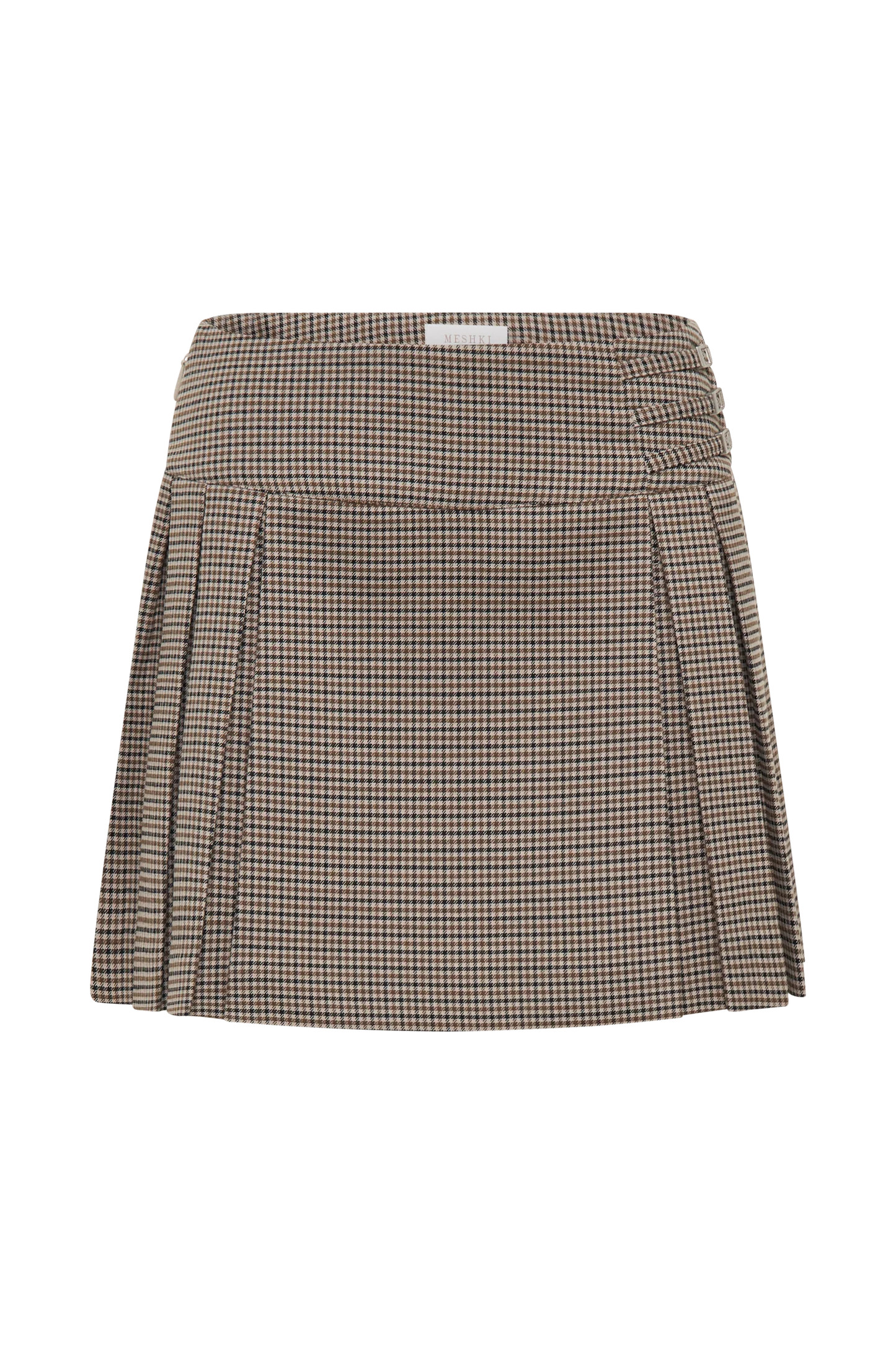 Angie Pleated Buckle Mini Skirt - Tan Check | MESHKI US