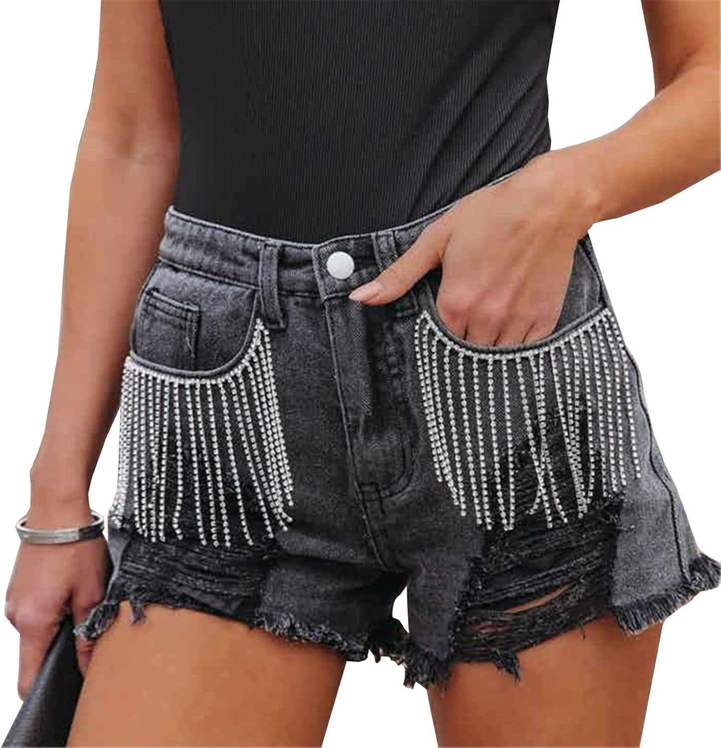 Women Mid Rise Ripped Stretchy Jeans Frayed Raw Hem Casual Tassels Denim Shorts | Amazon (US)