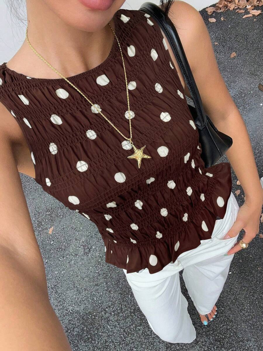 Valentine's Day Cherry Print Gathered Waist Top Women's Cherry Print Ruffle Hem Round Neck Camiso... | SHEIN