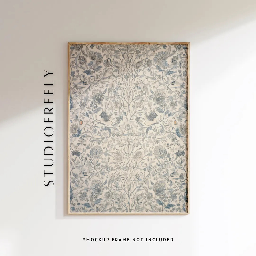 Vintage Floral Tapestry Print: Muted Blue and Beige Botanical Pattern, Ornate Textile Wall Art, W... | Etsy (US)