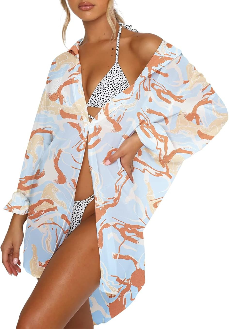 Beaully 2023 Women Button Down Swimsuit Beach Cover Up Shirt Oversized Beach Blouses Cardigan Flo... | Amazon (US)