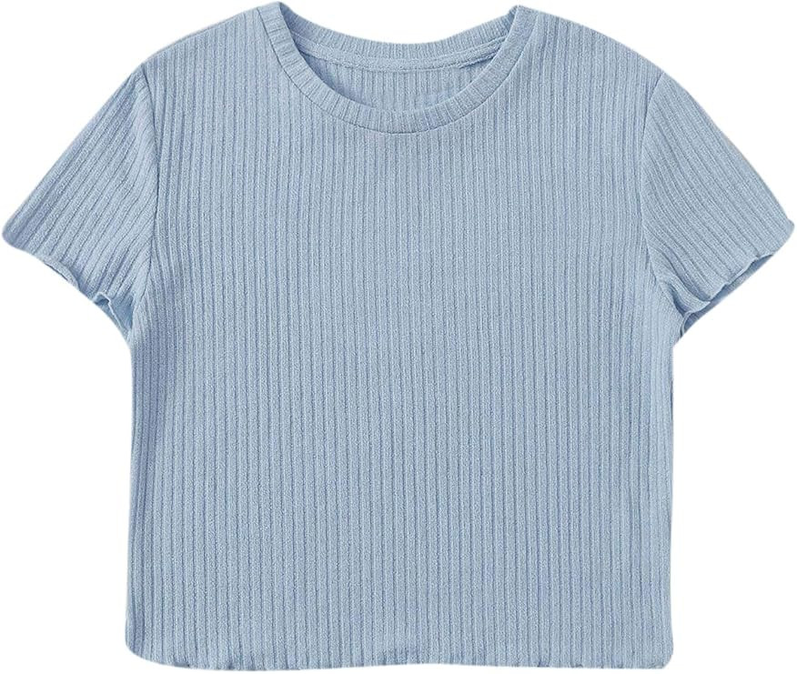SweatyRocks Women's Solid Crew Neck Ribbed Knit Short Sleeve Crop Top T Shirts | Amazon (US)