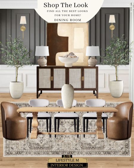 Brown Fall Dining Room Design. Wood oak dining table, brown leather dining chair, white upholstered dining chair, white textured vase, dark traditional vase, white table bowl, walnut cane console buffet table, traditional table lamp, brown beige wall art, brass wall sconce, white tree planter pot, faux olive tree, porcelain faux wood floor tile.

#LTKsalealert #LTKhome #LTKstyletip
