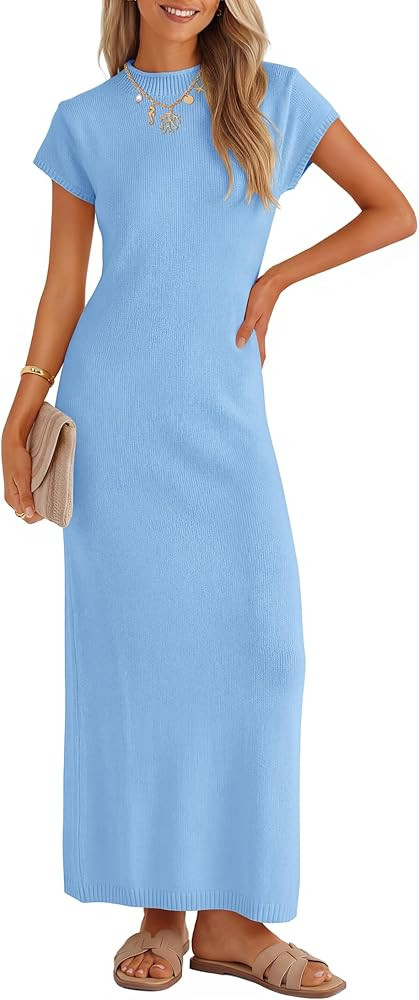 ZESICA Womens Spring Casual Bodycon Maxi Dress 2026 Summer Business Casual Short Sleeve Crewneck ... | Amazon (US)