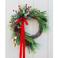 Evergreen Crescent Christmas Wreath For Front Door, With Bells, Decor, Holiday Wreath, Boho | Etsy (US)