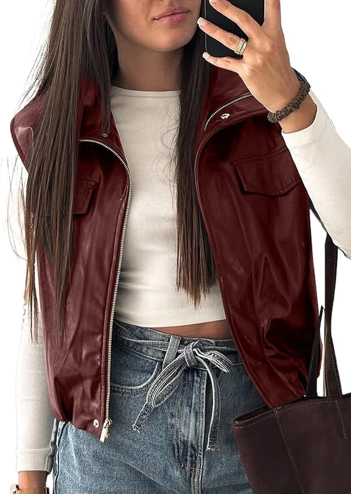 EVALESS Faux Leather Jacket Women Sleeveless Motorcycle Coat Zip Up Vest Jackets Fall Fashion Out... | Amazon (US)
