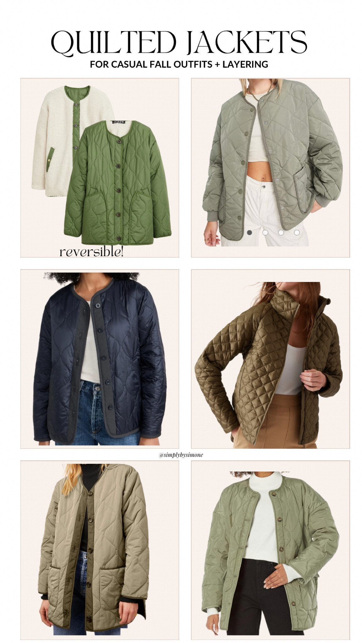 Quilted jacket roundup. Perfect for casual outfits and layering this winter! 

Quilted coat, quilted puffer jacket, casual outfits, winter outfit, layering jackets, green quilted jacket, black quilted jacket, cream quilted jacket, mango quilted anorak, jcrew quilted jacket, quilted coat, Reversible puffer jacket with PrimaLoft, velvet Marissa puffer jacket, shopbop quilted jackets, rails Elin Jacket, Athleta whisper featherless jacket, lightweight jacket, & other stories zip quilted jacket 