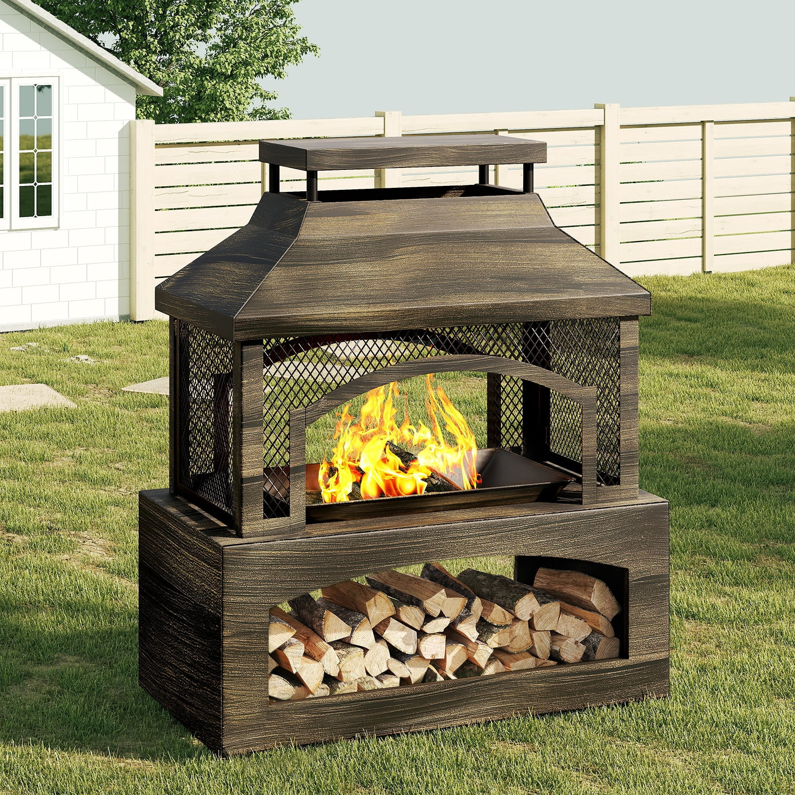 Bestier Fire Pits for Outside Wood Burning, Outdoor Fireplace with Log Storage Rack, Freestanding... | Walmart (US)