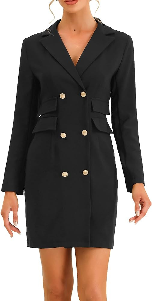 Allegra K Women's Blazer Dress Button Down V Neck Long Sleeve Work Dress with Pockets Elegant Off... | Amazon (US)