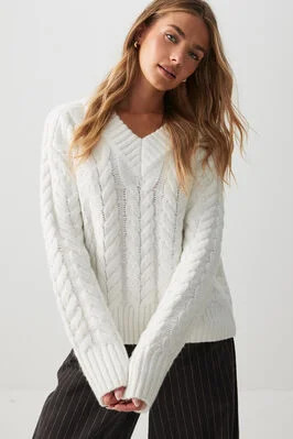 Cable Knit V-Neck Sweater | Ardene