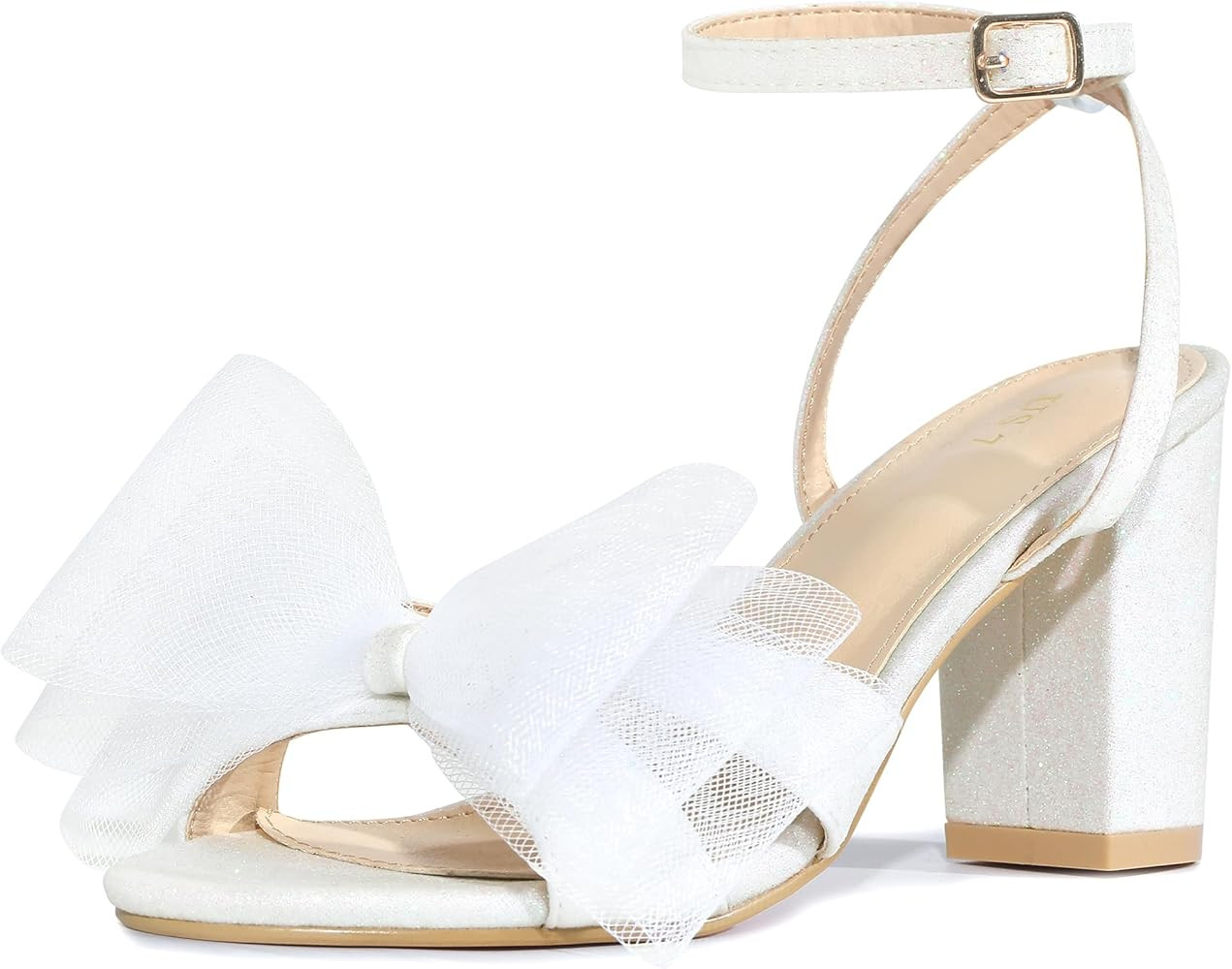 Perphy Glitter Heel Mesh Bow Chunky High Heel Sandal for Women | Amazon (US)