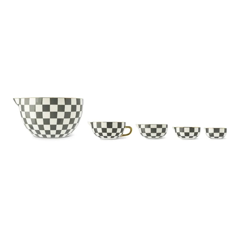 Thyme & Table 5-Piece Ceramic Mixing Bowl and Measuring Set - Black Checkered | Walmart (US)